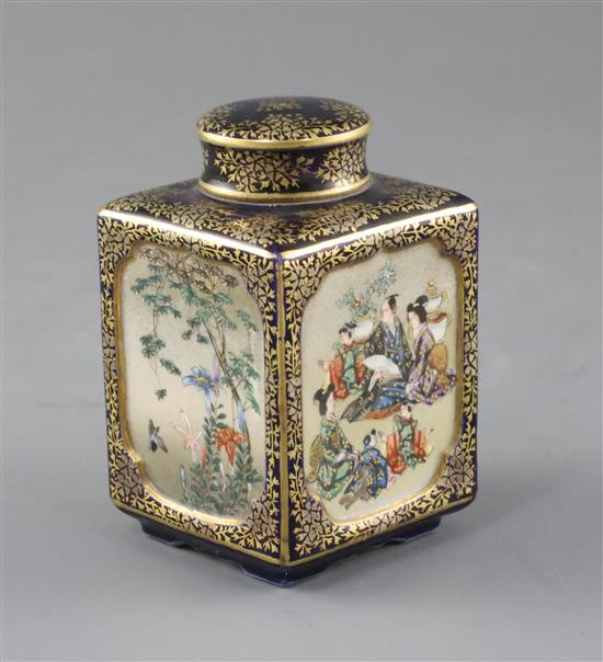 A Japanese Satsuma pottery square tea caddy and cover, by Kinkozan, Meiji period, H.9cm